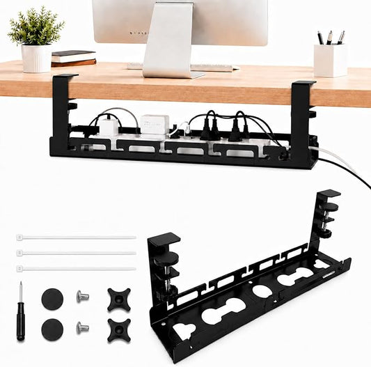No Drill Under Desk Cable Management Tray, Adjustable 17.6"-27.4" Clamp-On Metal Cable Tray for Power Strip, Under Desk Cord Organizer and Wire Management Holder for Standing Desk, Gaming Desk, Office