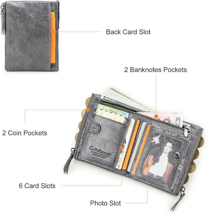 CONTACTS Soft Leather Wallet for Women and Men Small Bifold Coin Purse Double Zipper Card Holder with RFID Blocking (Gray)