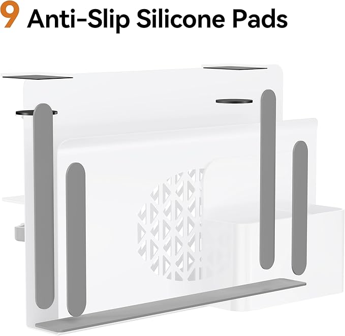 Desk Side Storage, Metal Laptop Holder with Magnetic Pen Box, Clamp-On Under Desk Organizer with Cooling Holes & Anti-Scratch Pads for Office and Home (White)