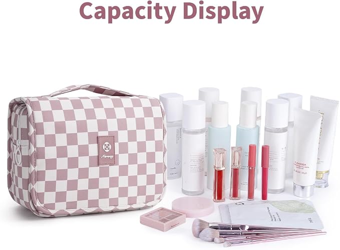 Narwey Small Hanging Travel Toiletry Bag for Traveling Women, Checkered Travel Bag for Toiletries, Makeup Bag Organizer Make Up Cosmetic Bags,Gifts for Kids Teen Girls (Dusty Pink Checkerboard)
