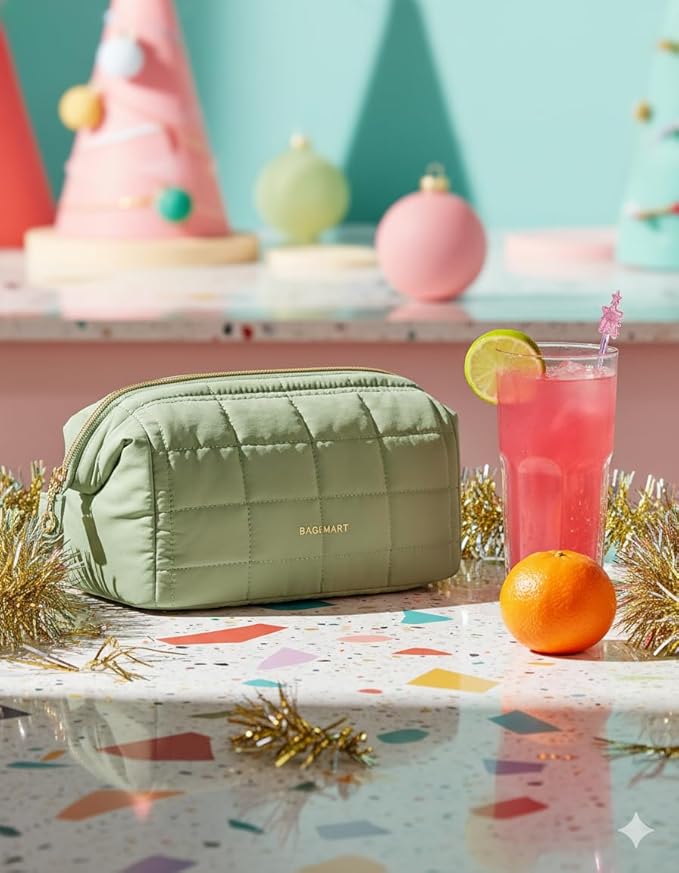 BAGSMART Makeup Bag Travel Cosmetic Bag, Puffy Padded Make Up Bags for Women Makeup Organizer Case, Wide-open Pouch Purse Travel Essentials Toiletries Accessories Brushes, Mossy Green