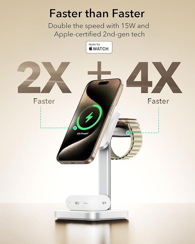 ESR Qi2 3 in 1 Wireless Charging Station, [Certified] Apple Watch Charger & 15W Qi2 MagSafe Charger Stand for iPhone, Wireless Charger for Multiple Devices iPhone 16/15/14/13&Watch&AirPods, White