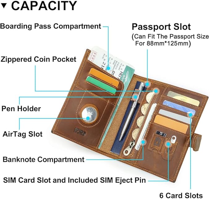 CONTACTS Full Grain Leather Passport Holder RFID Blocking Passport Wallet Compatible with Airtag Travel Passport Cover with SIM Card Removal Tool (Badge, Camel Brown)