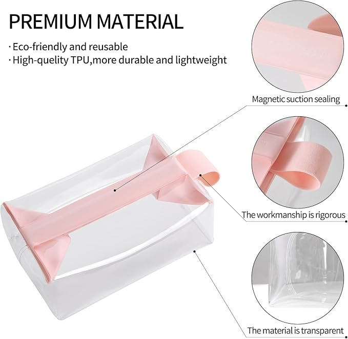 Clear Toiletry Bag with Magnetic Closure, 0.7mm Thick Structured TPU Travel Organizer, Transparent Cosmetic Bag for Toiletries, Makeup and Daily Essentials with Modern Color Trim(Pink Trim)