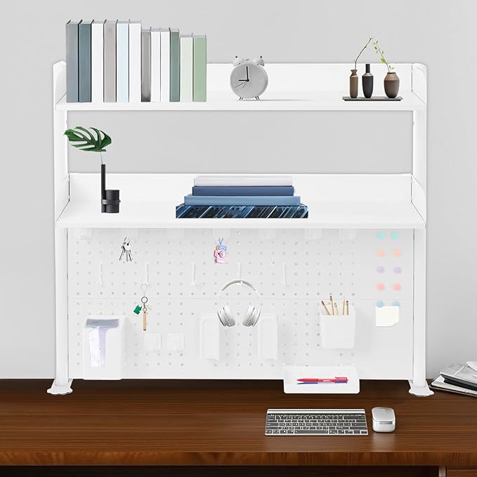 Clamp on Desk Shelf with Pegboard, Desk Extender Pegboard Workstation, Desktop Bookshelf Storage Shelves for Home Office Dorm, 37.4in (White)