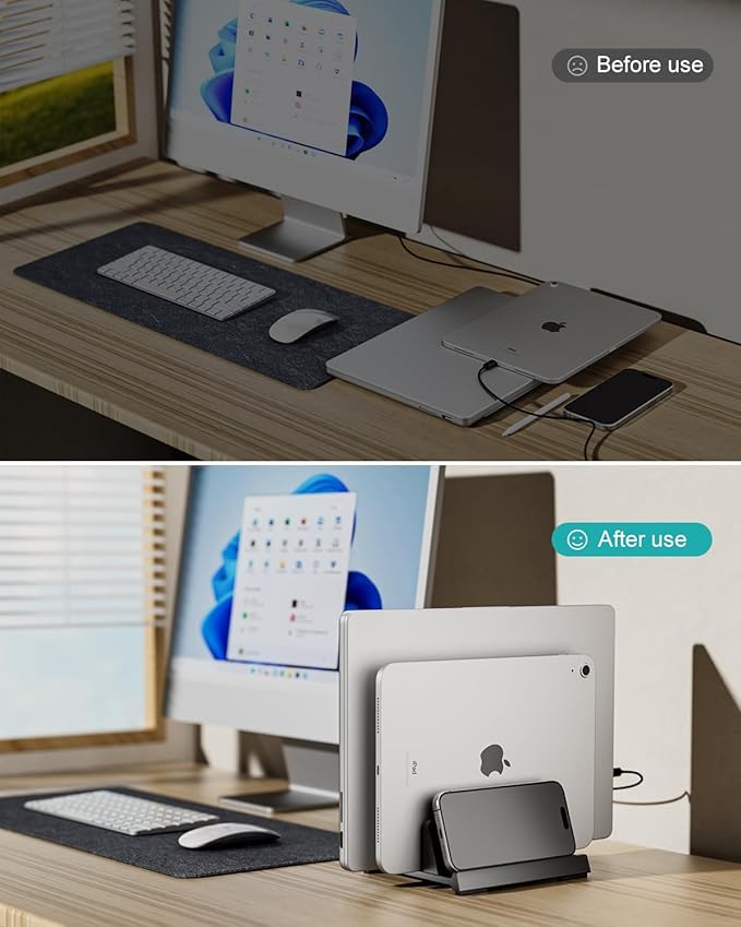 Vertical Laptop Stand for Desk, Dual Slots Plastic Laptop Holder with Space Saving 4-in-1 Design, Adjustable Width Supports MacBook, Chromebook, Surface, Dell (Black)