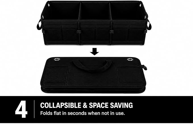 Car Trunk Organizer – Foldable Storage with 3 Compartments, Heavy Duty, Collapsible Cargo Organizer for SUV, Truck & Car (Black)