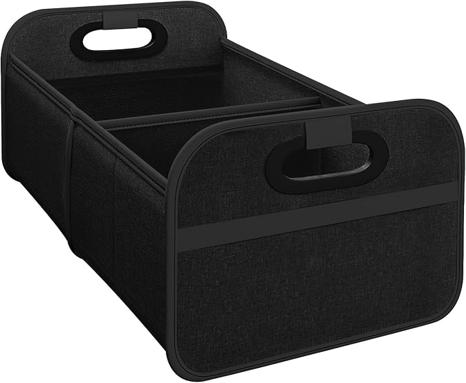Car Trunk Organizer, Foldable Car Trunk Storage Box with 2 Compartments & Mesh Pocket, Large Capacity, Portable with Handle, Collapsible Backseat Storage Organizer for SUV Truck Sedan (Black)
