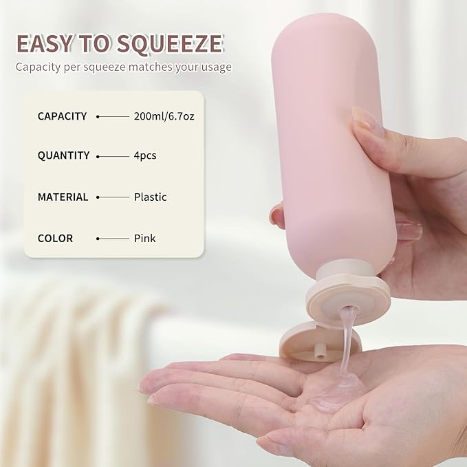 Empty Shampoo Bottles 6.7oz - Large Size Refillable Plastic Liquids Toiletry Containers - Empty Leak Proof Lotion Toiletries Dispenser - Pink Flip Cap Top Body Wash and Cosmetic Set 4 Pack