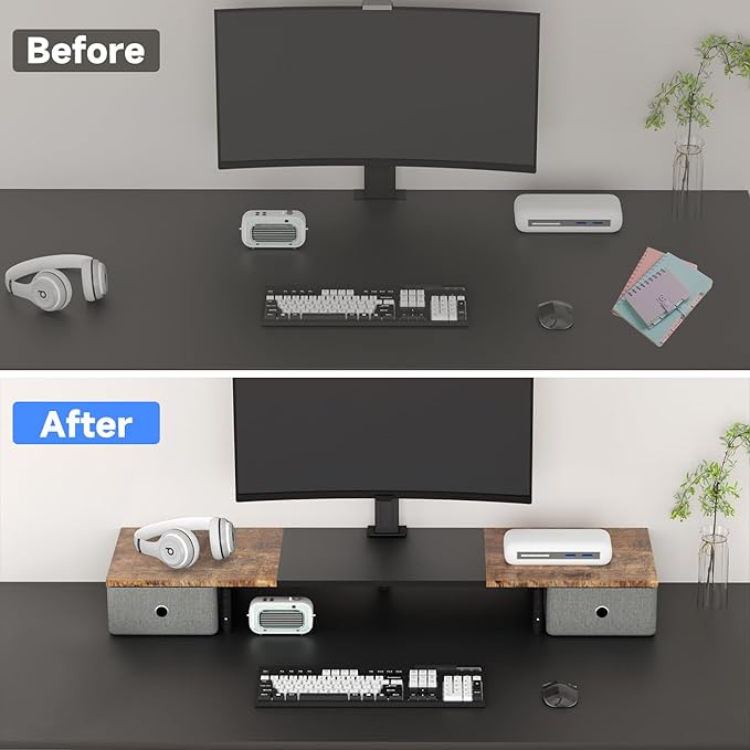 Suptek Dual Monitor Stand Riser with Two Drawers,Monitor Riser for 2 Monitors with Storage, Extra Large Storage for 2 Monitors, Multifunctional Desktop Organizer,Desktop Oraganizer Computer,Laptop,Printer,TV