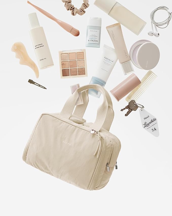 EACHY Travel Makeup Bag with Handle, Large Capacity Makeup Organizer, Waterproof Cosmetic Bag for Women, Wide-Open Design, Portable Toiletry Case for Travel, Accessories, and Essentials (Beige)