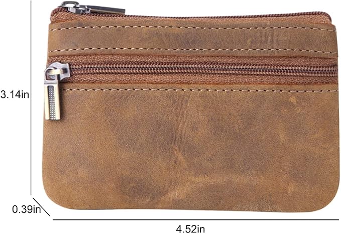 Genuine Leather Coin Purse, Small Coin Pouch for Men Women, Cash Change Wallet Key Holder Money Pouch with Key Ring, Zipper Storage Bag Coin Organizer