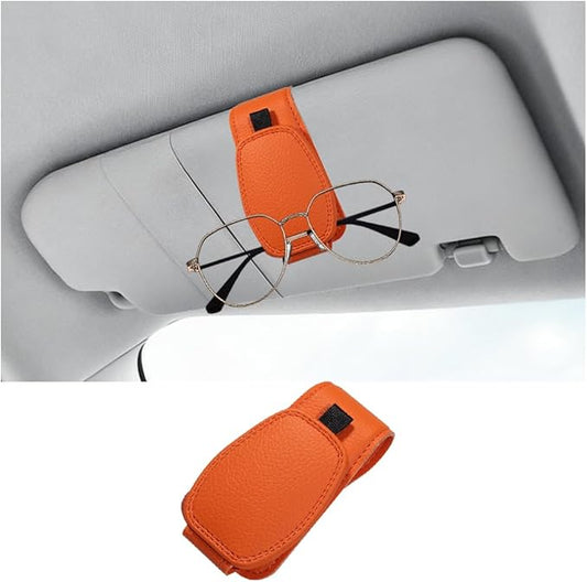 Sunglass Holder for Car Visor, Magnetic Leather Vehicle Sun Visor Storage Clip for Different Size Eyeglasses, Automotive Interior Glasses Ticket Card Clip, Universal for SUV RV Truck (Orange)
