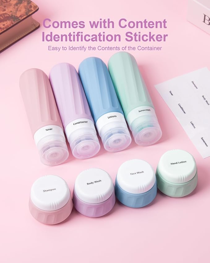 Mrsdry Travel Bottles for Toiletries 8 Pack, Travel Size Toiletries, Tsa Approved Travel Size Containers 3oz, with Travel Essentials Clear Bag, Leak Proof Silicone Squeezable Creams Jars