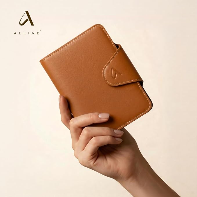 ALLIVE RFID Blocking Passport Holder for Travel Essentials, Genuine Leather Passport Wallet with Built-in AirTag Slot, Magnetic Closure Passport Cover Case for Women and Men, Travel Gifts (Caramel)