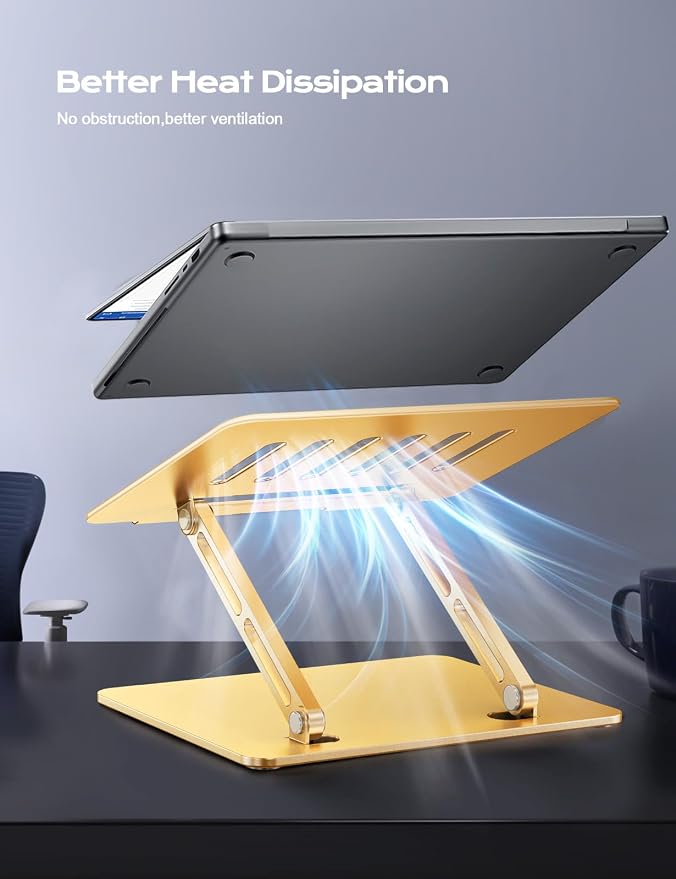 LOXP Aluminum Laptop Stand, Portable Laptop Riser, Adjustable Laptop Stand for Desk Foldable, Ergonomic Computer Notebook Holder for Desk, Office Desk Accessories (10-15.6'') - Gold