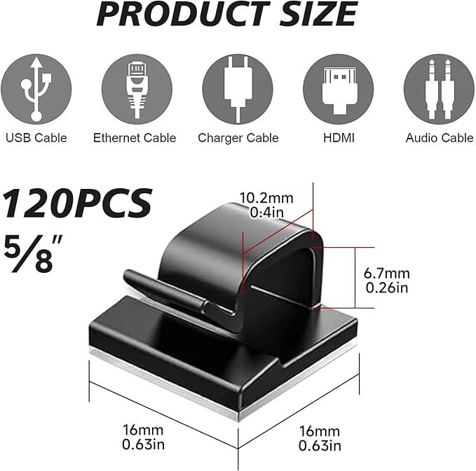 5/8 in Adhesive Cable Clips, 120pcs Outdoor Light Clips, Cord Clips, Sturdy Wire Clips, Finisher Wire Clamp for Home, Car, Office Wire Management Clips (Black, 5/8"-120PCS)