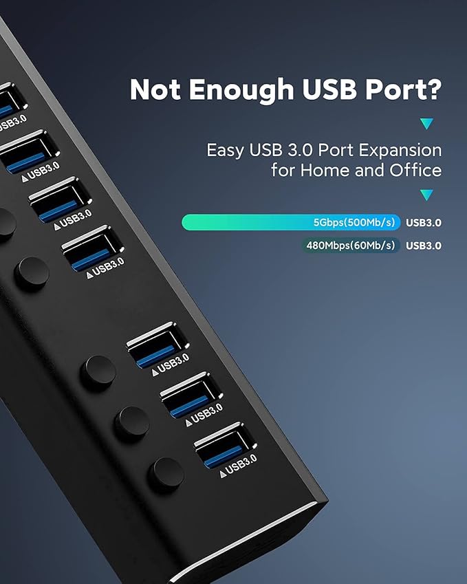 USB Hub 3.0 Powered Rosonway Aluminum 7 Ports USB 3.0 Data Hub Splitter with 24W (12V/2A) Power Adapter and Individual On/Off Switches USB Port Expander for PC and Laptop (RSH-A37S) (Pack of 2)