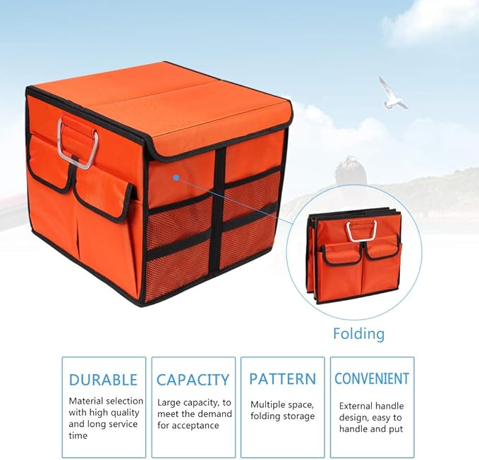 Car Trunk Organizer Collapsible Portable Multi Compartments Organizer with Non Slip Straps for SUV Truck Auto Vehicle Car Auto Minivan(Small covered, Orange)