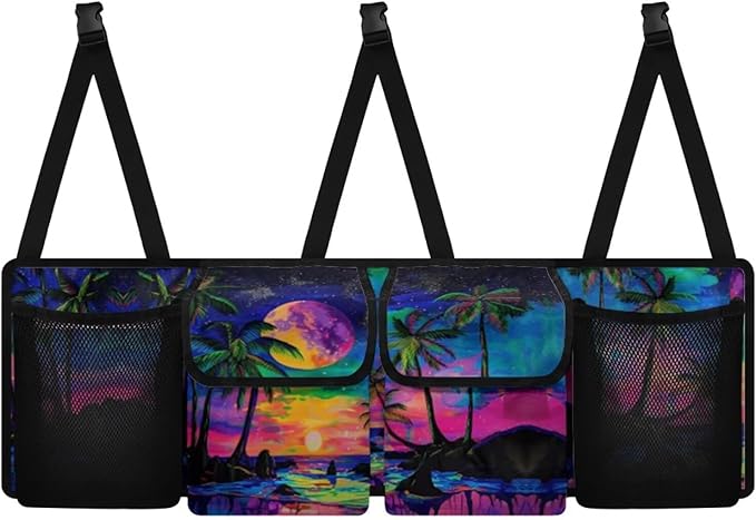 Sunset Car Trunk Organizers,Coconut Tree Colorful Design Backseat Hanging Organizer with 4 Large Storage Bag,Bag with Lids,Road Trip Adjustable Strap Machine Washable