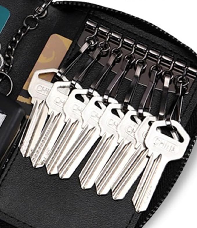 BAKUN Large Zipper Leather Car Key Case, Key Holder Key Organizer Wallet, With 16 Hooks(Brown)