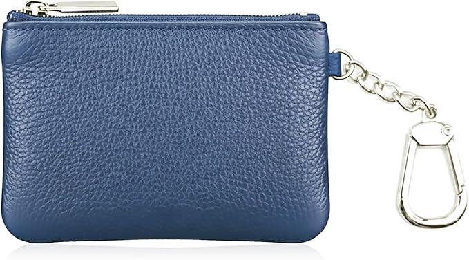 Hibate Small Leather Coin Purse Change Pouch for Women Men Kids with Zip Key Ring (Clip_Blue)