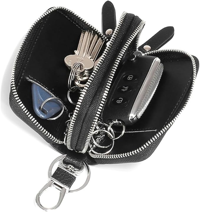 Key Fob Case Genuine Leather, Double Zipper Car Key Holder & Key Wallet with Keychain, Key Pouch for Purse Gift