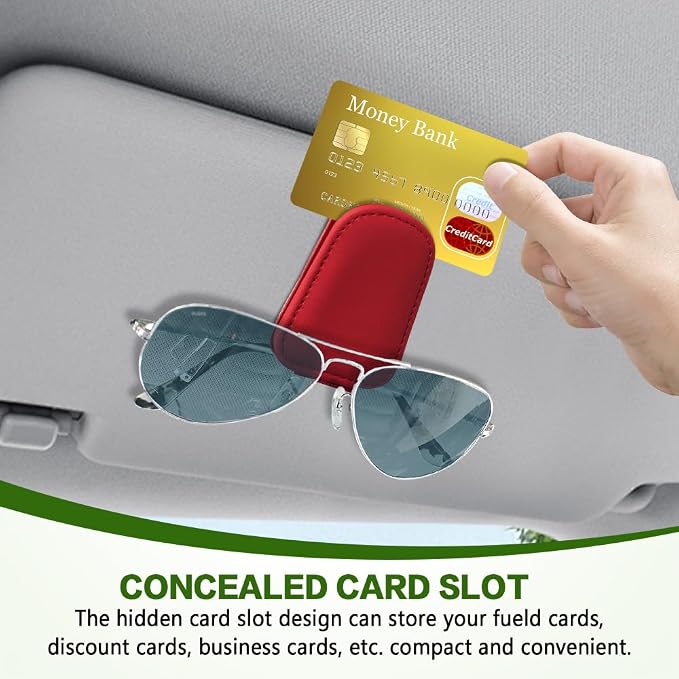 Sunglass Holder for Car, Sunglasses Clip for Car Visor, Magnetic Leather Vehicle Eyeglass Hanger Clip, Auto Ticket Card Glasses Organizer Clamp Accessories for SUV Sedan (Red)