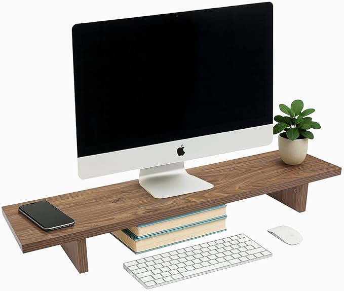 Desky Minimal Monitor Stand – Ergonomic Wood Riser for Single or Dual Monitors, Desk Shelf Organizer to Elevate Screen Height – Dark Walnut Rubberwood