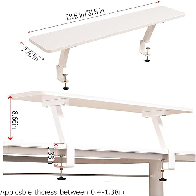 Clamp On Desk Organizer Shelf White, Above Desk Storage Extension Portable No Drill Required Bookcase Clamp Rack for Home Office Dorm Workstation and Study Space (White, 31.5x7.8 in)