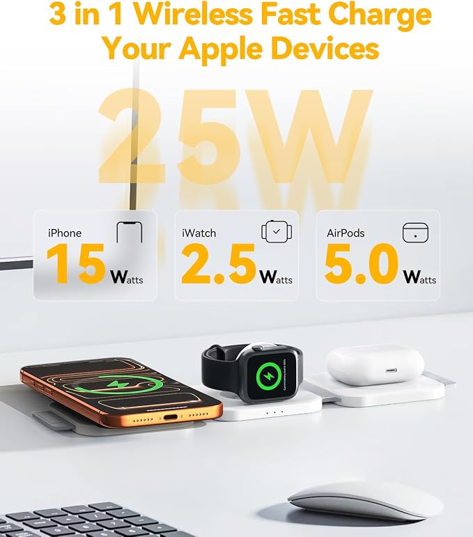 25W 3 in 1 Charging Station for Apple Multiple Devices, Foldable Magnetic Fast Wireless Charger Dock, Travel Charging Pad for iPhone 17 16 15 14 13 12 Pro Max Plus Apple Watch Series & AirPods