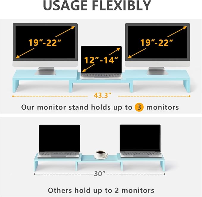 TAVR Dual Monitor Stand Riser Office Desktop Organizer Stand for 2 Monitors, Adjustable Length and Angle 3 Shelf, Extra Long Multifunctional Stand up to 43.3" fit Computer, Laptop, TV, Blue