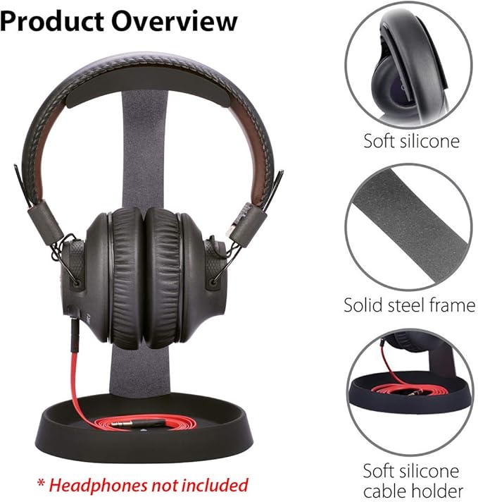 Avantree HS102 - Metal & Silicone Headphone Stand Hanger with Cable Holder, Black Desk Earphone Mount Rack, Fancy Music Studio Accessories