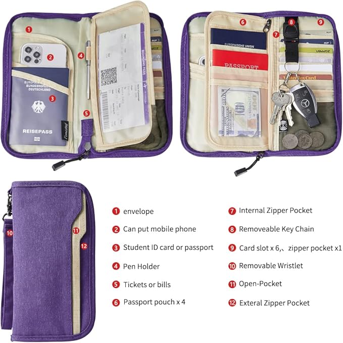 ZOPPEN Passport Holder Family RFID Passport Wallet, Passport Holder Women/Men, Travel Wallet Documents Organizer Zipper Case with Removable Wristlet Strap, Travel Essentials for Flying