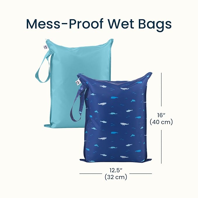 Tiny Twinkle Mess Proof Wet Bags | 2-Pack Reusable Waterproof Wet Bags for Swimsuits | Baby Clothes | Travel & Diaper Bag (Ocean)