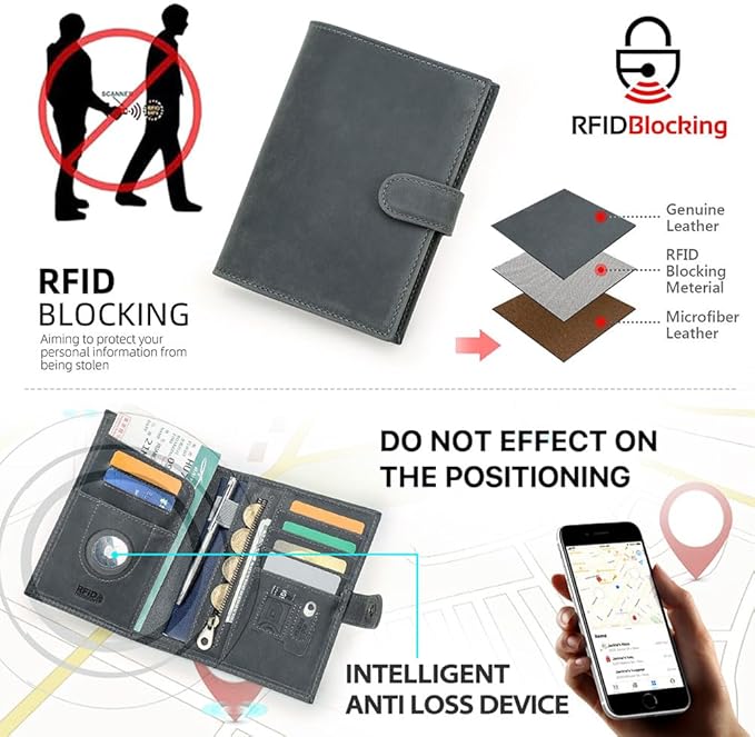 CONTACTS Full Grain Leather Passport Holder with Compatible with Airtag RFID Blocking Passport Wallet Travel Slim Passport Cover with SIM Card Removal Tool (Gray)