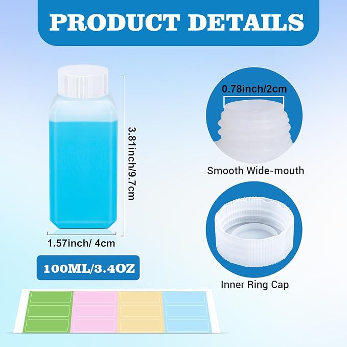 DEMORA 3.4oz Small Square Plastic Travel Bottles, Reusable Leak Proof Liquid Containers with Caps and Stickers for Pill, Water, Juice (Translucent, 8 Pcs)