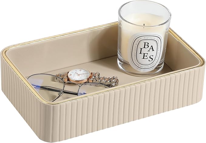 Desk Organizer Tray, PU Leather Nightstand Organizer Perfume Valet Tray for Men Women, Decorative Vanity Trays Trinket Dish Key Bowl for Entryway Table (Beige, Small)