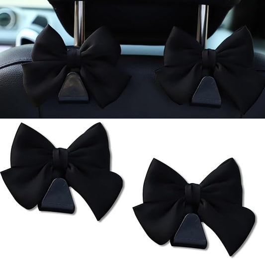2PCS Car Seat Headrest Hooks, Cute Bow Vehicle Rear Seat Bracket Hook for Purses and Bags, Automotive Purse Hook Hanger, Universal for SUV, Sedan, Truck (Black)