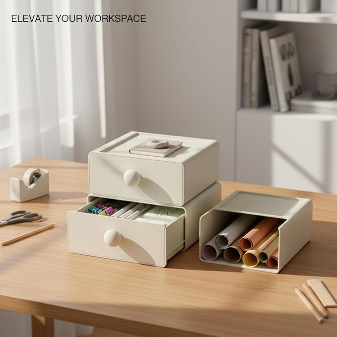 Stackable Desktop Storage Box with Lid, PP Plastic Organizer Bin for Office Desk Clutter, Space Saving File & Supply Container