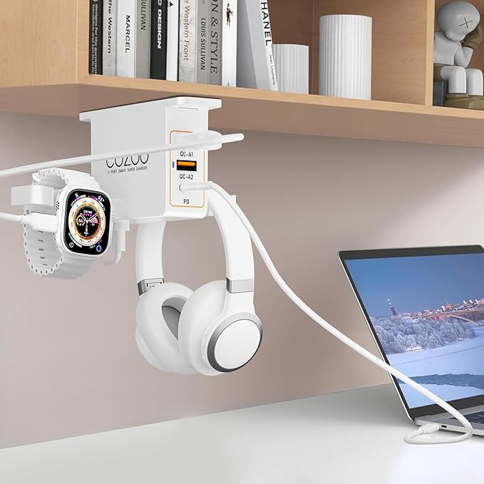 Under Desk Headphone Stand with 20W PD & QC3.0, 3-Port USB Charging Station, Dual Headset Holder & Watch Hook & Cable Organizer,Gaming Accessories, Desk Accessories for Men, Gifts for Gamers Teen Boys