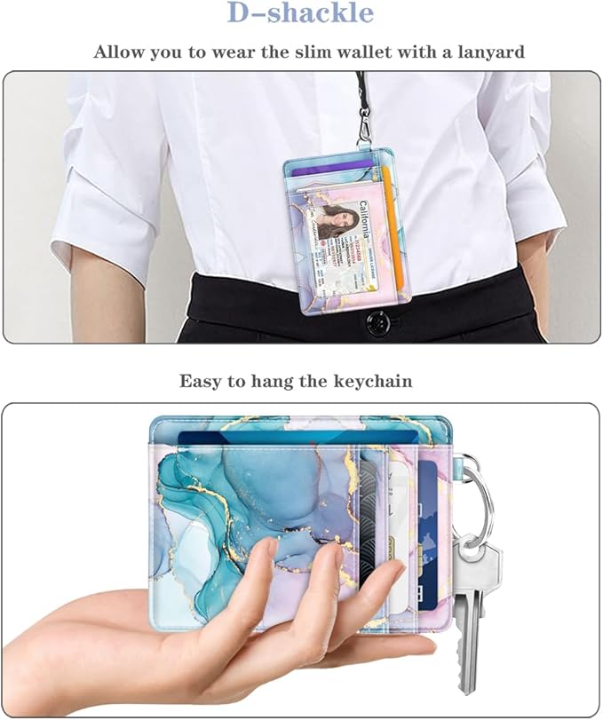 Coco Rossi Slim Front Pocket Wallet RFID Leather ID Card Holder Cute Small Wallet with Keychian for Women,Gradient Marble