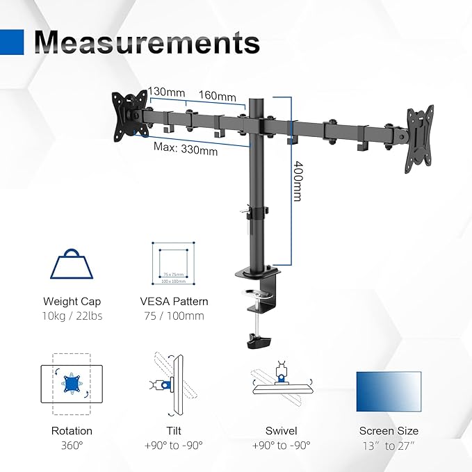 GRIFEMA GB2001A-2 Monitor Mount for 13-27 Inch Flat & Curved Screens, Height Adjustable, Tilt, Swivel, 360° Rotation, 10 kg per Arm, VESA 75/100 mm