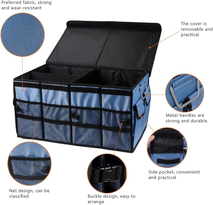 Car Trunk Organizer Collapsible Portable Multi Compartments Organizer with Non Slip Straps for SUV Truck Auto Vehicle Car Auto Minivan (Large covered, Blue)