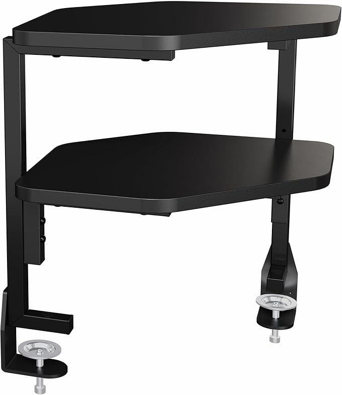 VIVO Corner Clamp-on 17 inch Above or Below Desk 2-Tier Shelving Unit for Table Accessories, Gaming Devices, and More, Storage Desk Attachment Organizer, Black, STAND-SHELF2CR