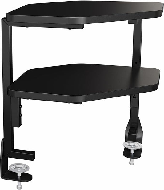 VIVO Corner Clamp-on 17 inch Above or Below Desk 2-Tier Shelving Unit for Table Accessories, Gaming Devices, and More, Storage Desk Attachment Organizer, Black, STAND-SHELF2CR