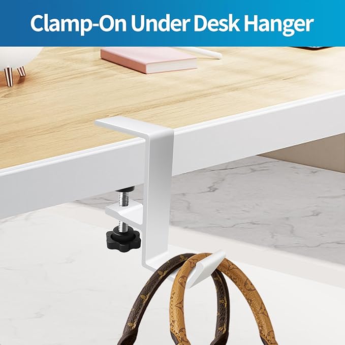 Desk Mount Bag Holder Hook Clamp,On Backpack Hanger Portable Desk Mount Headphones Holder for Reduce Desk Clutter Table Desk Table Hanging Storage (Single Hook White)