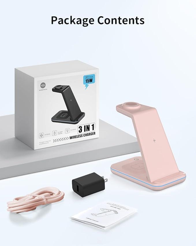 GEEKERA Wireless Charger, 3 in 1 Wireless Charging Station for iPhone Air/17/16/15/14/13/12/11/Pro Max/X/8, Phone and Watch Charger Stand for Apple Watch Ultra 3-2/11-2/SE, AirPods Pro/4/3/2, Pink
