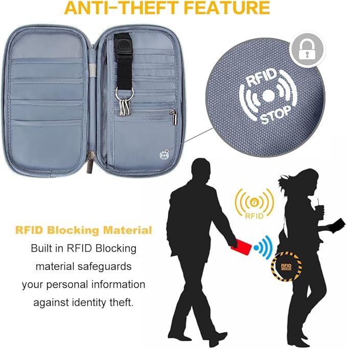 RFID Passport Wallet with Vaccine Card Slot, Family Travel Passport Holder Document Organizer Bag with Wrist & Neck Double Strap