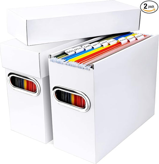 File Organizer Box with Lid & Handle, Thickened Cardboard Hanging File Folder Storage Boxes for Letter Size, Portable Filing Organizer for Office, Home, Classroom, White 2 Pack